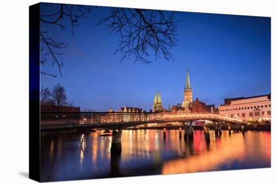 The Lights of Dusk on Typical Bridge and the Cathedral Reflected in River Trave, Lubeck-Roberto Moiola-Stretched Canvas