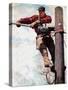 The Lineman (or Telephone Lineman on Pole)-Norman Rockwell-Stretched Canvas