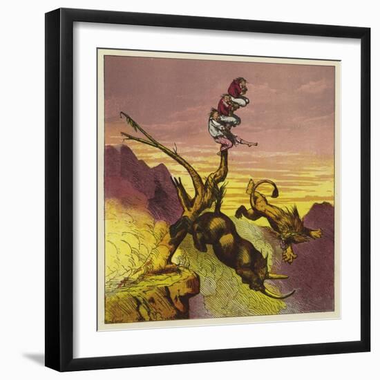 The Lion and Rhinoceros Fall over the Cliff While Arguing over Who Gets the First Bite-Ernest Henry Griset-Framed Giclee Print