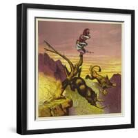 The Lion and Rhinoceros Fall over the Cliff While Arguing over Who Gets the First Bite-Ernest Henry Griset-Framed Giclee Print