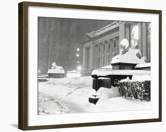 The Lion Statues at the New York Public Library Covered with Snow During the Record Snowfall-null-Framed Photo