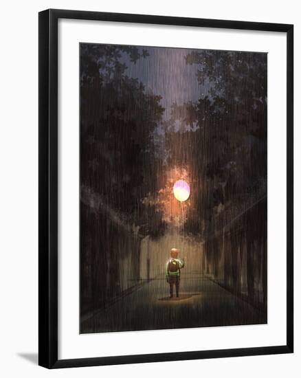 The Little Boy Holding a Bulb Balloon in the Dark Rain,Digital Painting Illustration-Tithi Luadthong-Framed Art Print