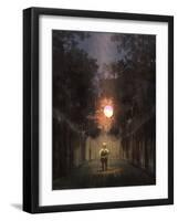 The Little Boy Holding a Bulb Balloon in the Dark Rain,Digital Painting Illustration-Tithi Luadthong-Framed Art Print