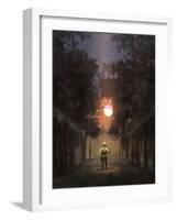 The Little Boy Holding a Bulb Balloon in the Dark Rain,Digital Painting Illustration-Tithi Luadthong-Framed Art Print