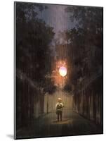 The Little Boy Holding a Bulb Balloon in the Dark Rain,Digital Painting Illustration-Tithi Luadthong-Mounted Art Print