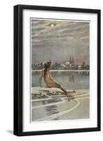 The Little Mermaid Sits on a Rock and Gazes at the Lights of the Distant Town-Paul Hey-Framed Photographic Print