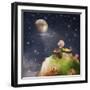 The Little Prince with a Rose on a Planet in Beautiful Night Sky ,Illustration Art-natalia_maroz-Framed Art Print