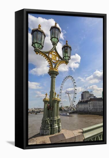 The London Eye and iconic British lamppost in London, England.-Michele Niles-Framed Stretched Canvas