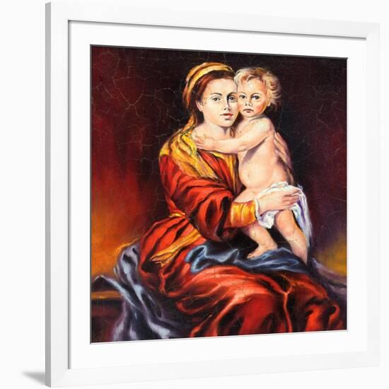 The Madonna With The Child, Drawn By Oil On A Canvas-balaikin2009-Framed Art Print