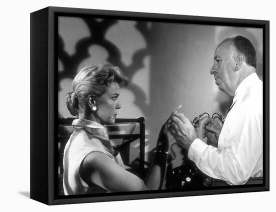 THE MAN WHO KNEW TOO MUCH, 1956 On the set, Alfred Hitchcock directs Doris Day (b/w photo)-null-Framed Stretched Canvas