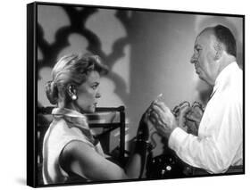 THE MAN WHO KNEW TOO MUCH, 1956 On the set, Alfred Hitchcock directs Doris Day (b/w photo)-null-Framed Stretched Canvas