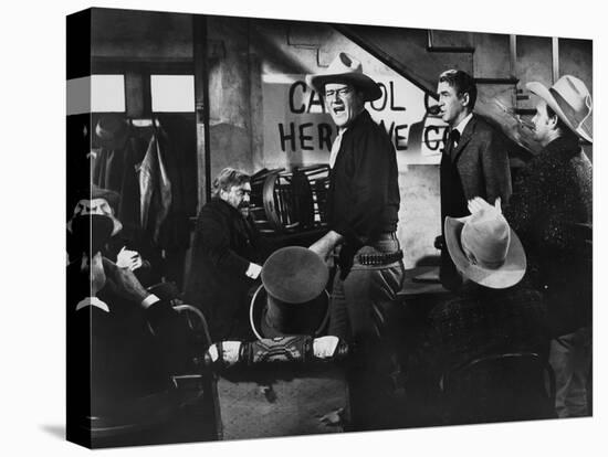 THE MAN WHO SHOT LIBERTY VALANCE, 1962 directed by JOHN FORD John Wayne and James Stewart (b/w phot-null-Stretched Canvas