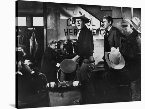 THE MAN WHO SHOT LIBERTY VALANCE, 1962 directed by JOHN FORD John Wayne and James Stewart (b/w phot-null-Stretched Canvas