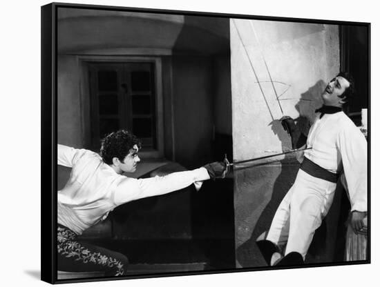 THE MARK OF ZORRO, 1940 directed by ROUBEN MAMOULIAN Tyrone Power and Basil Rathbone (b/w photo)-null-Framed Stretched Canvas