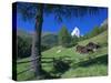 The Matterhorn Towering Above Green Pastures and Wooden Huts, Swiss Alps, Switzerland-Ruth Tomlinson-Stretched Canvas