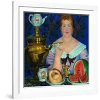 The Merchant's Wife Drinking Tea, 1923-Boris Michaylovich Kustodiev-Framed Giclee Print