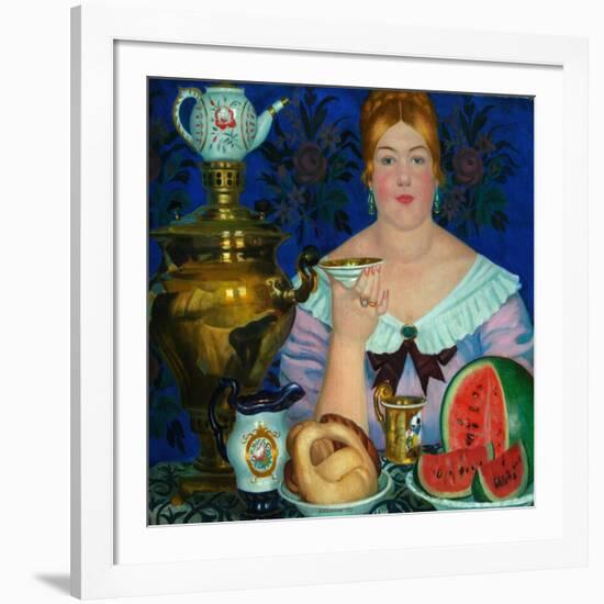 The Merchant's Wife Drinking Tea, 1923-Boris Michaylovich Kustodiev-Framed Giclee Print