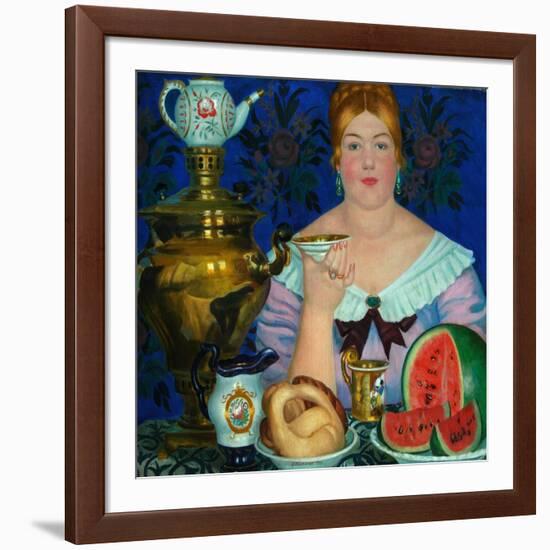 The Merchant's Wife Drinking Tea, 1923-Boris Michaylovich Kustodiev-Framed Giclee Print