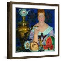 The Merchant's Wife Drinking Tea, 1923-Boris Michaylovich Kustodiev-Framed Giclee Print