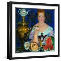 The Merchant's Wife Drinking Tea, 1923-Boris Michaylovich Kustodiev-Framed Giclee Print