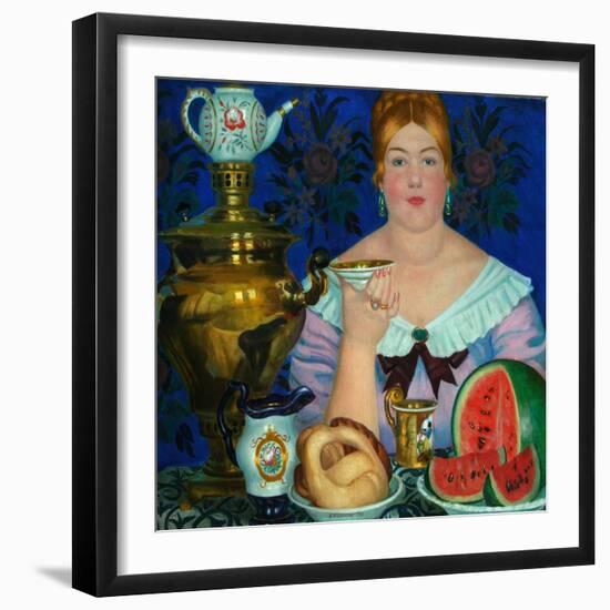 The Merchant's Wife Drinking Tea, 1923-Boris Michaylovich Kustodiev-Framed Giclee Print