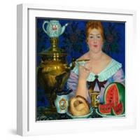 The Merchant's Wife Drinking Tea, 1923-Boris Michaylovich Kustodiev-Framed Giclee Print