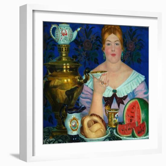 The Merchant's Wife Drinking Tea, 1923-Boris Michaylovich Kustodiev-Framed Giclee Print