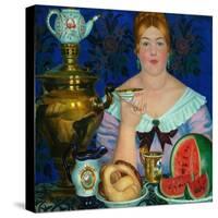 The Merchant's Wife Drinking Tea, 1923-Boris Michaylovich Kustodiev-Stretched Canvas