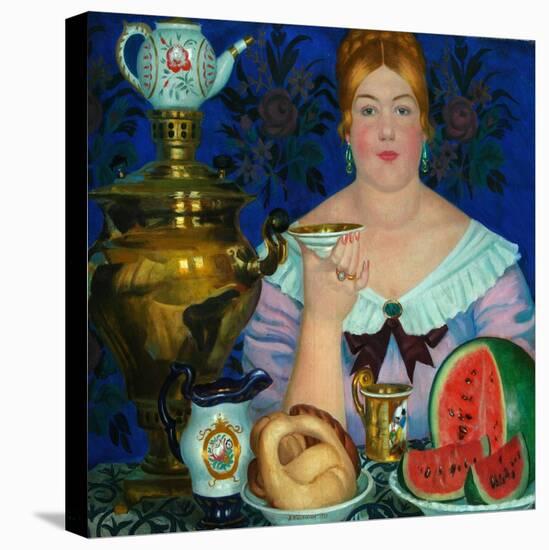 The Merchant's Wife Drinking Tea, 1923-Boris Michaylovich Kustodiev-Stretched Canvas
