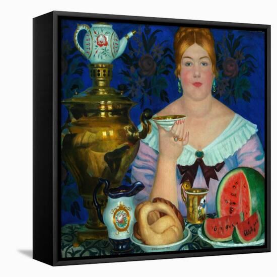 The Merchant's Wife Drinking Tea, 1923-Boris Michaylovich Kustodiev-Framed Stretched Canvas