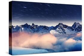The Milky Way over the Winter Mountains Landscape. Europe. Creative Collage. Beauty World.-Leonid Tit-Stretched Canvas