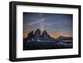 The Milky Way with its Stars Appear in a Summer Night on the Three Peaks of Lavaredo. Dolomites-ClickAlps-Framed Premium Photographic Print