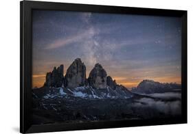 The Milky Way with its Stars Appear in a Summer Night on the Three Peaks of Lavaredo. Dolomites-ClickAlps-Framed Premium Photographic Print