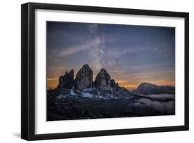 The Milky Way with its Stars Appear in a Summer Night on the Three Peaks of Lavaredo. Dolomites-ClickAlps-Framed Photographic Print