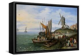 The Mill by the Landing Stage, 1613, by Jan Brueghel the Elder (1568-1625).-Jan the Elder Brueghel-Framed Stretched Canvas