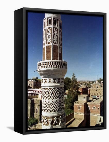 The Minaret of a 15th Century Mosque Rises Above a San'a, Yemen Neighborhood-null-Framed Stretched Canvas