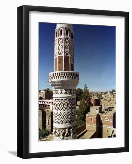 The Minaret of a 15th Century Mosque Rises Above a San'a, Yemen Neighborhood-null-Framed Photographic Print