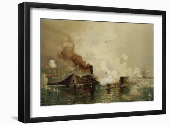 The 'Monitor' and the 'Merrimac', the First Fight Between Ironclads in 1862, Pub. by Louis Prang…-Julian Oliver Davidson-Framed Giclee Print