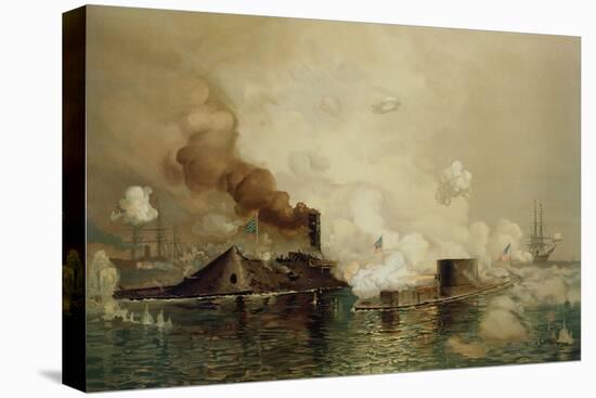 The 'Monitor' and the 'Merrimac', the First Fight Between Ironclads in 1862, Pub. by Louis Prang…-Julian Oliver Davidson-Stretched Canvas