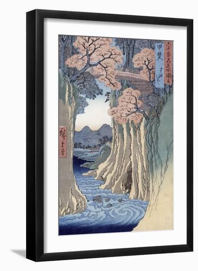 The Monkey Bridge in the Kai Province, from the Series Rokuju-Yoshu Meisho Zue-Ando Hiroshige-Framed Giclee Print