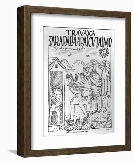 The Month of July, Storing Maize and Potatoes (Woodcut)-Felipe Huaman Poma De Ayala-Framed Premium Giclee Print