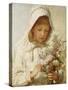 The Month of September, a Young Girl in White, Holding a Bunch of Flowers-Carl Wilhelm Friedrich Bauerle-Stretched Canvas