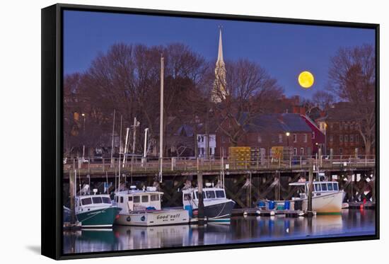 The Moon Sets Behind the Fishing Pier in Portsmouth, New Hampshire-Jerry & Marcy Monkman-Framed Stretched Canvas