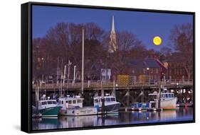 The Moon Sets Behind the Fishing Pier in Portsmouth, New Hampshire-Jerry & Marcy Monkman-Framed Stretched Canvas