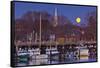 The Moon Sets Behind the Fishing Pier in Portsmouth, New Hampshire-Jerry & Marcy Monkman-Framed Stretched Canvas