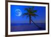 The Moon Shining in a Deserted Tropical Beach at Midnight with a Coconut Palm Tree in the Foregroun-Kamira-Framed Photographic Print