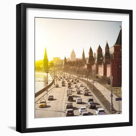 The Moscow Kremlin and Road Traffic Nearby, Russia. Filtred Image.-Roman Sigaev-Framed Photographic Print