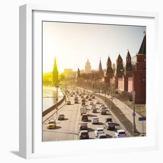 The Moscow Kremlin and Road Traffic Nearby, Russia. Filtred Image.-Roman Sigaev-Framed Photographic Print