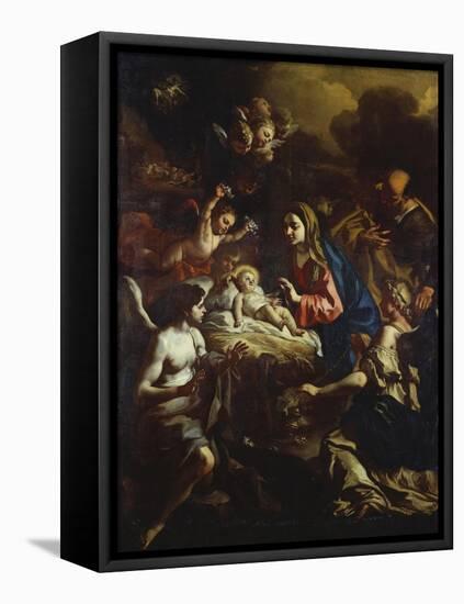 The Nativity with Adoring Angels and the Annunciation to the Shepherds Beyond-Francesco Solimena-Framed Stretched Canvas