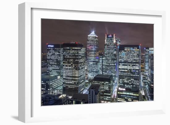 The New London Financial District in the Docklands at Night.-David Bank-Framed Photographic Print